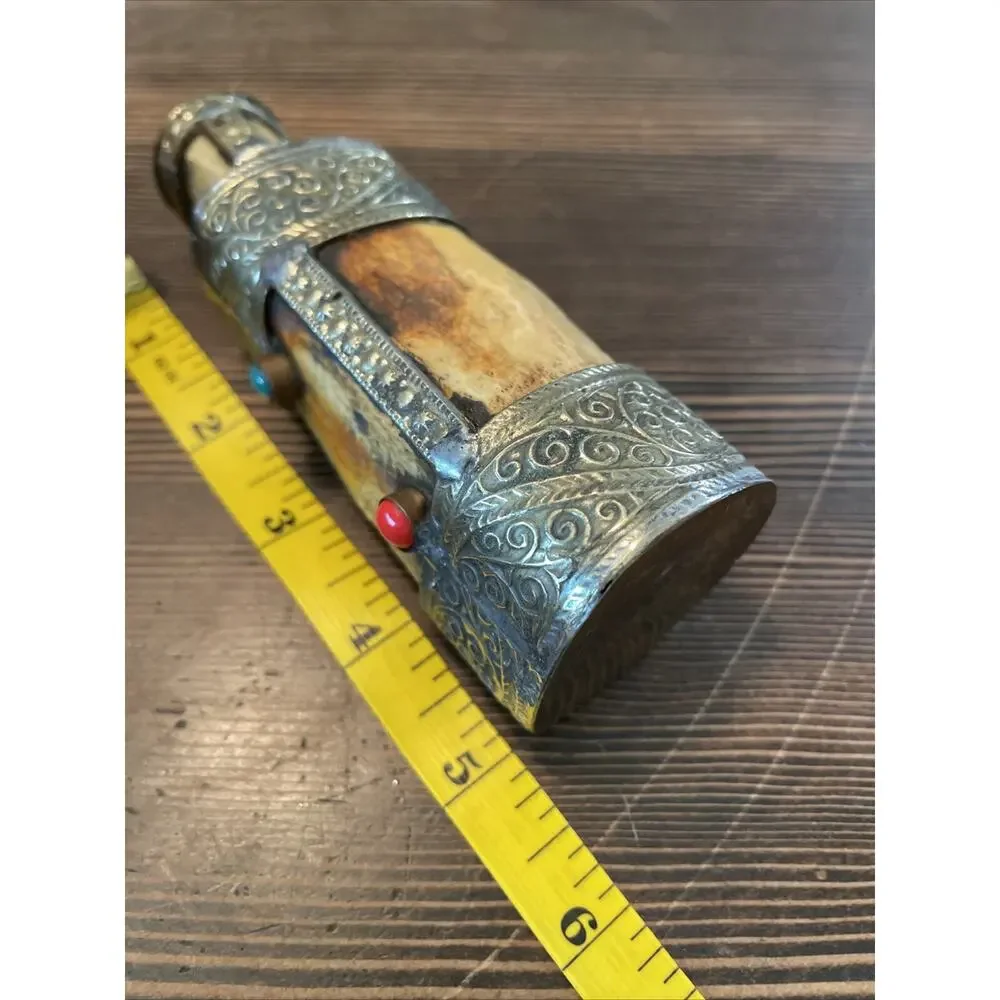 Vntg Carved Snuff Bottle Bovine Bone Silver Brass Turquoise Coral 5”Tibetan